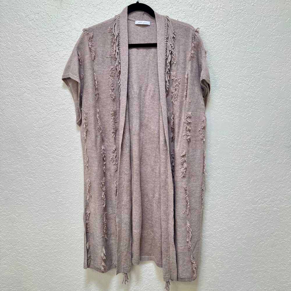 Pure Jill Elements Taupe Fringe Eyelash Textured Open Front Knit Vest Cardigan